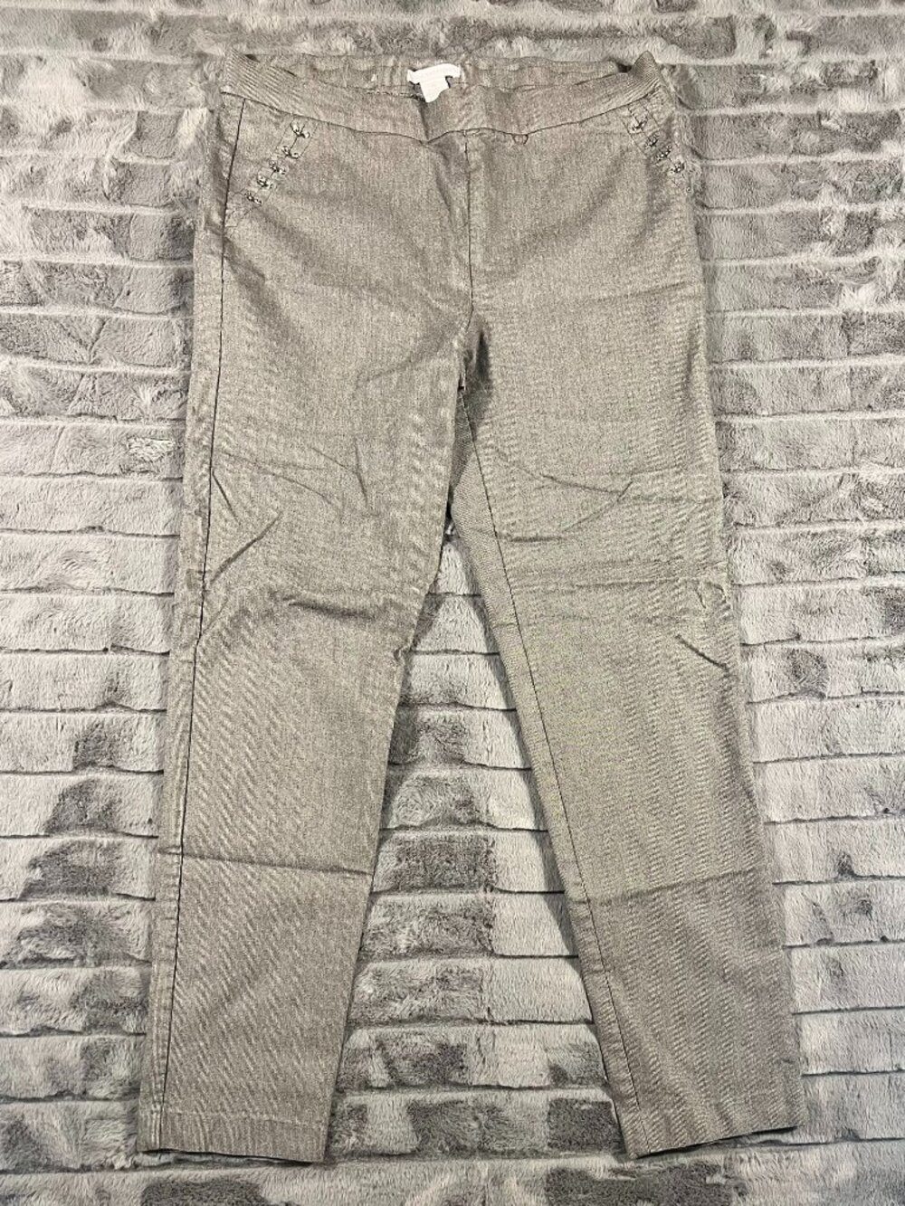 LINDA MATTHEWS Skinny Pants XL Gray/White Tiny Houndstooth 2 Pockets Pull-On